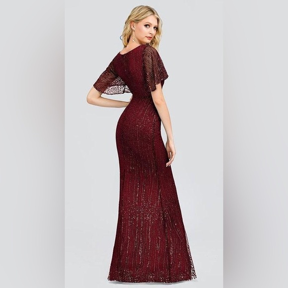 NWT Burgundy Deep V Neck Shiny Fishtail Evening Dress with Flutter Sleeves - Picture 2 of 13